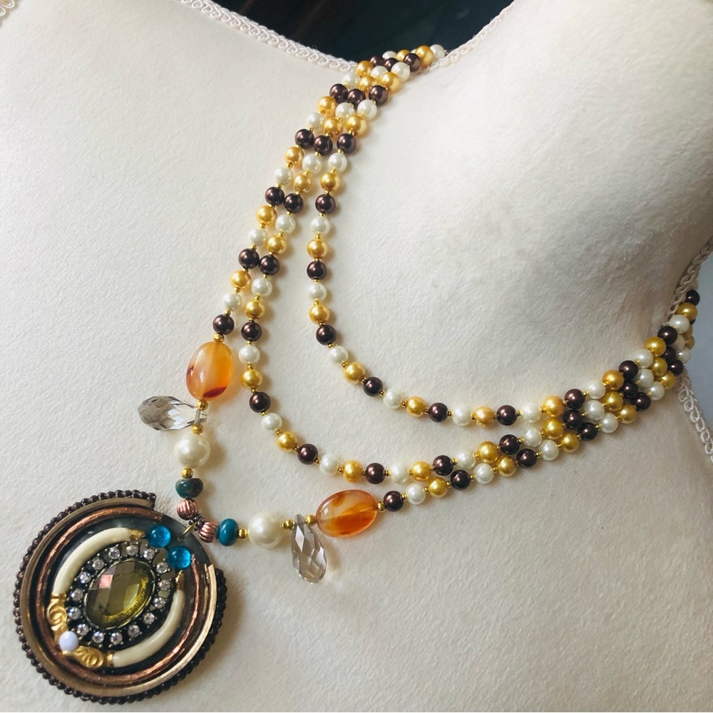 Handcrafted repurpose large amulet pendant Czech glass Pearl necklace